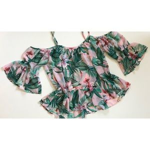 Tropical Cold Shoulder Ruffle Top Pink Floral